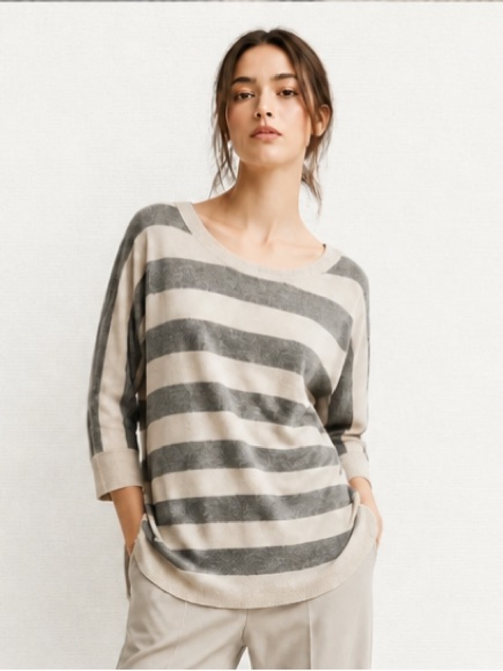 Anthropologie BDG Tunic Striped Gray Ivory Cotton Pullover Sweater